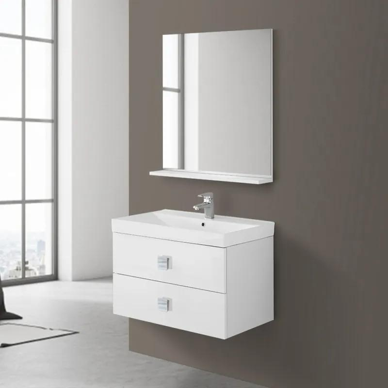 Mobile bagno 75cm sospeso bianco laccato con 2 cassettoni e specchio ...
